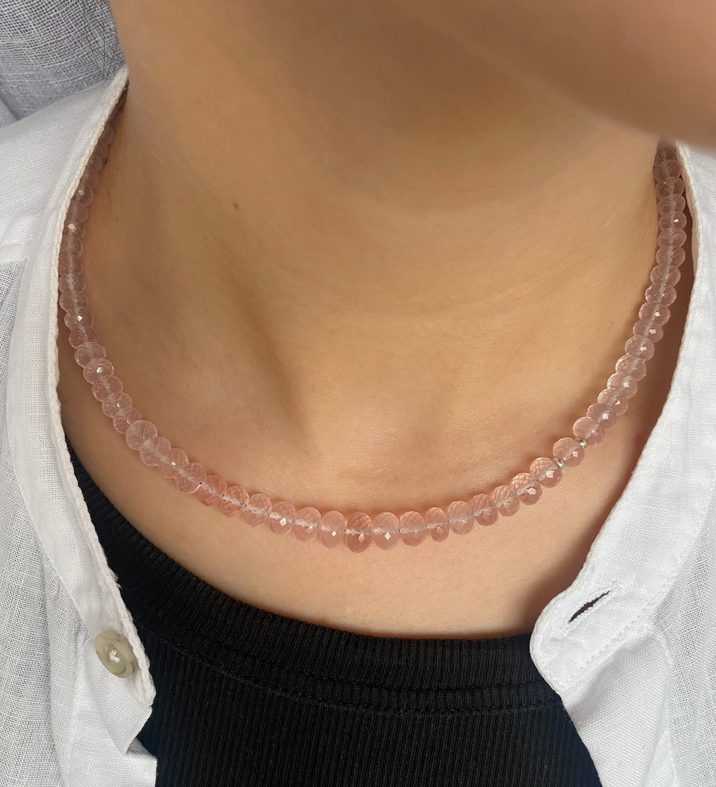 Rose Quartz Beaded Necklace- Sterling Silver